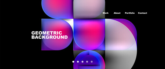 Obraz premium Colorfulness and visual effect lighting are enhanced with a geometric background of circles and squares in shades of purple, violet, and magenta on a black background