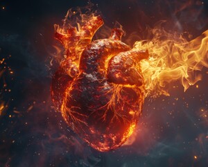 A photorealistic closeup of a human heart engulfed in vibrant flames, with wisps of smoke curling upwards  