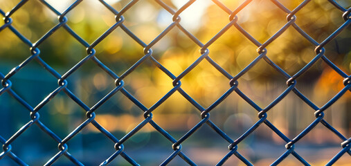 Fototapeta premium A close up of a chain link fence with a bright orange sun in the background