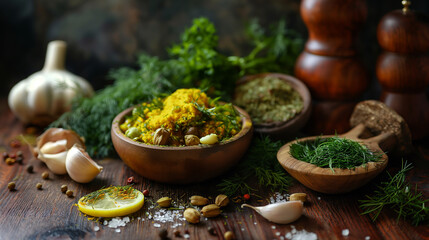 lemon peel with dill weed, nutmeg, parslay, thyme, and minced garlic on a wooden table