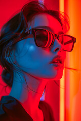 Stylish Woman with Sunglasses Illuminated in Vibrant Red and Blue Neon Lights