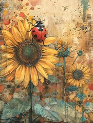 Pop art inspired watercolor, ladybug amidst vibrant sunflowers, sepia and bright pastel hues, hand drawn, summer beauty
