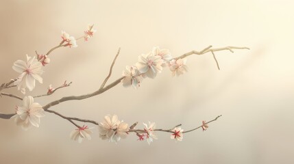 A single, blossoming cherry branch against a pale, ethereal background, symbolizing fleeting beauty and impermanence  