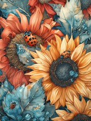 Pop art inspired watercolor, ladybug amidst vibrant sunflowers, sepia and bright pastel hues, hand drawn, summer serenity