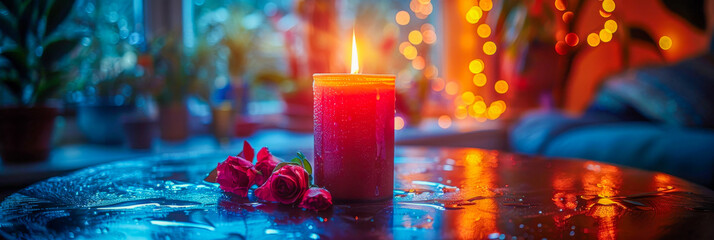 A candle is lit on a table with a vase of roses