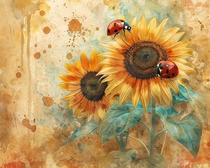 Serene summer theme in watercolor, featuring a ladybug on sunflowers, pop art influence, bright pastels and sepia tones