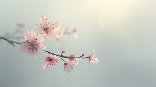 A single, blossoming cherry branch against a pale, ethereal background, symbolizing fleeting beauty and impermanence  