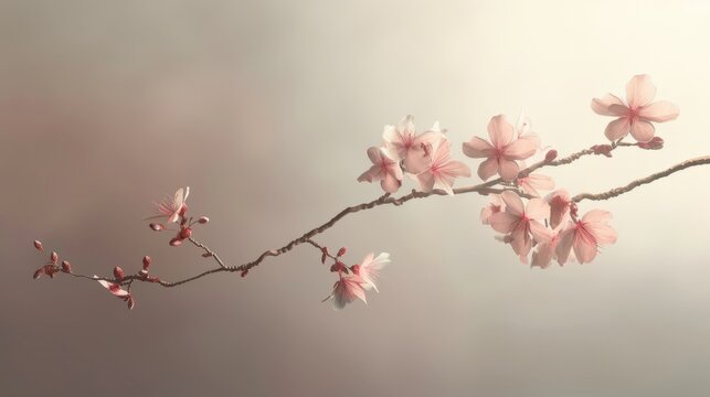 A single, blossoming cherry branch against a pale, ethereal background, symbolizing fleeting beauty and impermanence  