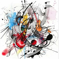 scribble design musical instruments such as guitars, saxophones, and notes intertwined in an abstract layout