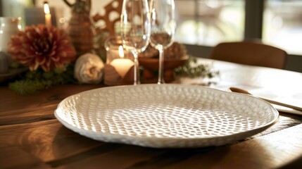 A ceramic platter with an intricate pattern of raised dots created by using a handmade texture stamp adding a unique touch to any tablescape..