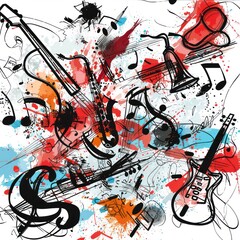 scribble design musical instruments such as guitars, saxophones, and notes intertwined in an abstract layout