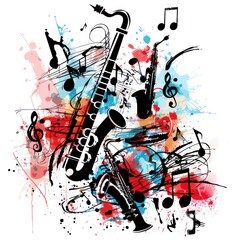 scribble design musical instruments such as guitars, saxophones, and notes intertwined in an abstract layout