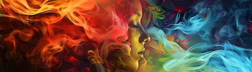 A swirling vortex of colorful smoke that seems to hold a face within its depths  