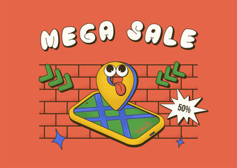 Cool trendy groovy sale promo character of pin locate on map with lettering Mega Sale. Vector background with mascot in comic style with dot Halftone texture for your design banner, poster, flyer