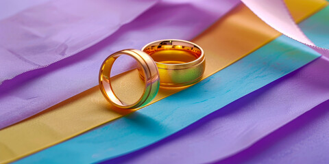 Elegant Wedding Bands on Multicolored Silk Ribbons Background