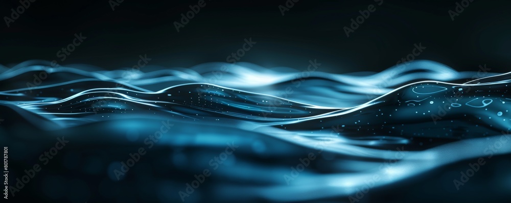 Poster abstract of a black 3d background with bioluminescent waves pulsing with a soft, blue light