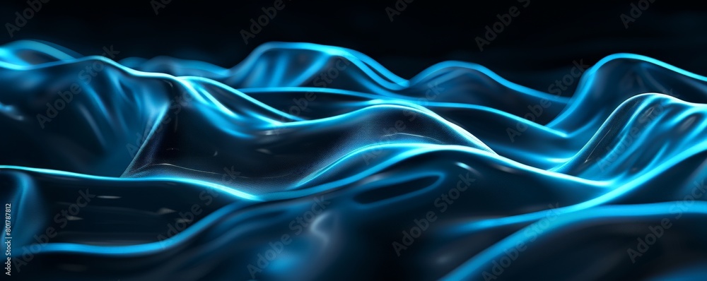 Poster abstract of a black 3d background with bioluminescent waves pulsing with a soft, blue light