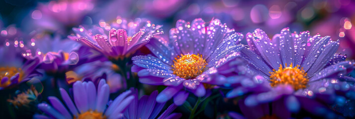 A close up of a bunch of purple flowers with droplets of water on them - Powered by Adobe