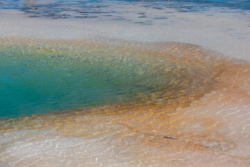 A thermal pool at the popular Grand Prismatic geysers tourist attraction.