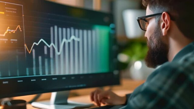 A young businessman is looking at a bar chart showing the rapidly increasing price of Bitcoin. The graph is green and has an arrow pointing up