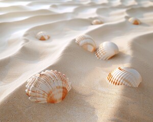 Fototapeta na wymiar Delicate seashells scattered on a bed of soft caramel colored sand, with gentle ocean waves lapping at the shore 