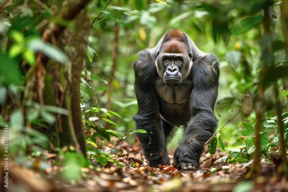 Wall mural A majestic silverback gorilla leading his troop through the dense rainforest