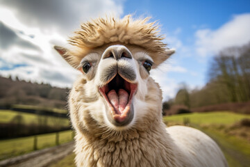 Naklejka premium Up Close View of an Excited Alpaca with Open Mouth in Pastoral Setting
