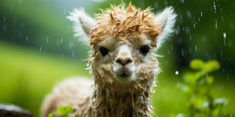 Obraz premium Adorable Alpaca in Rain Close Up Portrait Under Showers