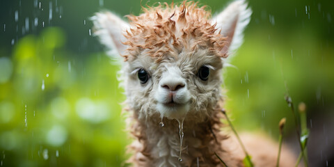 Obraz premium Close up Portrait of a Wet Alpaca Calf in Gentle Rain