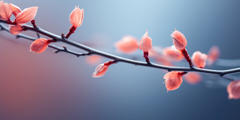 Soft Glow on Red Blossom Branch Against Blue Background