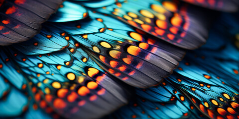 Vibrant Butterfly Wings Detail   Close up of Iridescent Blue and Orange Patterns