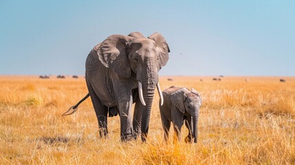 Obraz premium Elephant Mother Walking Side by Side with Her Calf in Savannah. Strong Bond and the wild beauty of nature. Maternal Care, Motherhood, Mothers Day. AI Generated