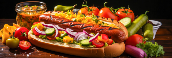 A hot dog with a variety of vegetables on top of it