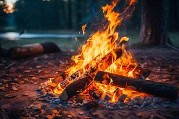 A fire is burning in a pile of wood