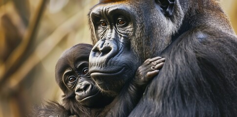Obraz premium A mother gorilla cradling her infant