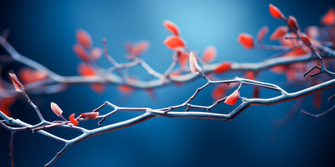 A branch with red leaves and a blue sky background - Powered by Adobe