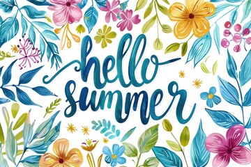 beautiful floral design with hello summer text on white background