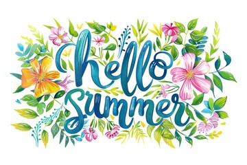 beautiful floral design with hello summer text on white background