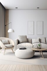 A modern minimal living room design that embodies calming rhythms with its streamlined furniture and soothing tones