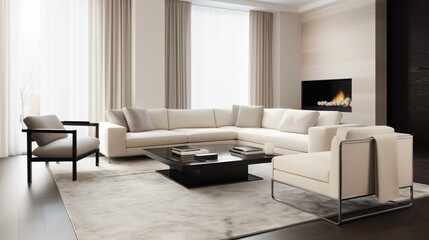 Fototapeta premium This living room captures the essence of modern minimalism, using subtle, calming rhythms in its layout and decor
