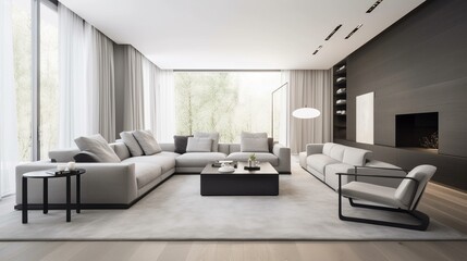 Naklejka na ściany i meble This living room captures the essence of modern minimalism, using subtle, calming rhythms in its layout and decor