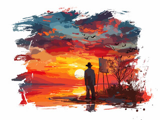 Vibrant Sunset Hues Captured in Painterly Artist's Canvas Creation: A Symphony of Colors in Animated Illustration