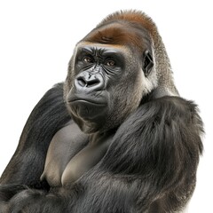 Fototapeta premium Impressive portrayal of a gorilla standing with folded arms against a clean white background