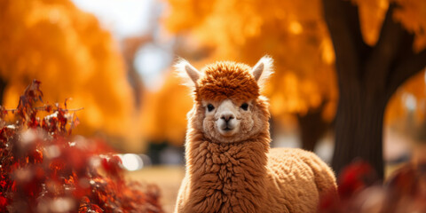 Obraz premium A brown llama with a red hat is standing in a field of red leaves