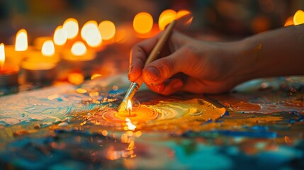 Obraz premium As the candles burn low the workshop takes on a mesmerizing glow bringing out the vibrant colors of the paintings being created. 2d flat cartoon.