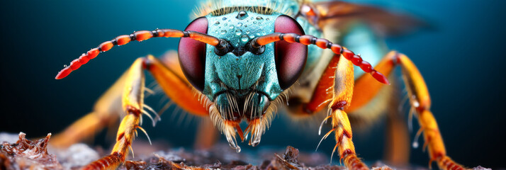 A close up of a bug with a blue head and orange legs
