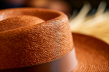 A brown straw hat with a brown ribbon around the base