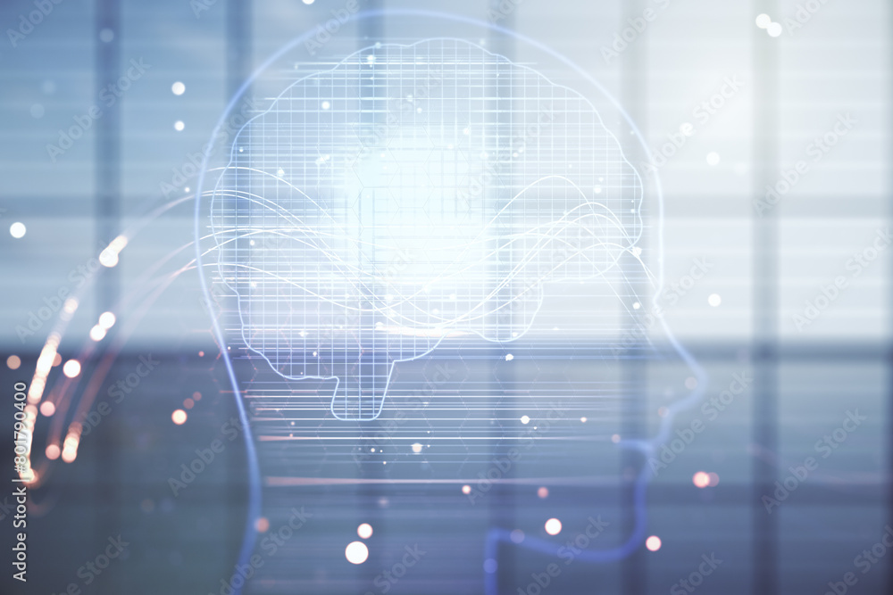 Aufkleber double exposure of creative artificial intelligence hologram on empty modern office background. neur