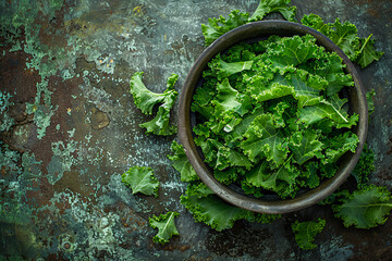 Fresh Kale Leaves in Rustic Bowl on Textured Background
