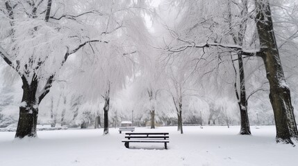 Gentle snowflakes falling silently in a deserted park, capturing the peaceful, rhythmic pattern of snow settling on trees and benches